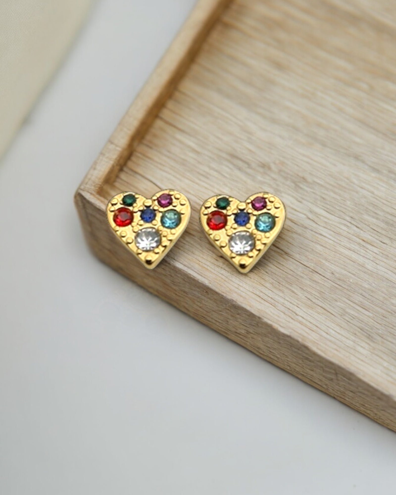 Multi colour zircon heart 18k gold plated waterproof earrings