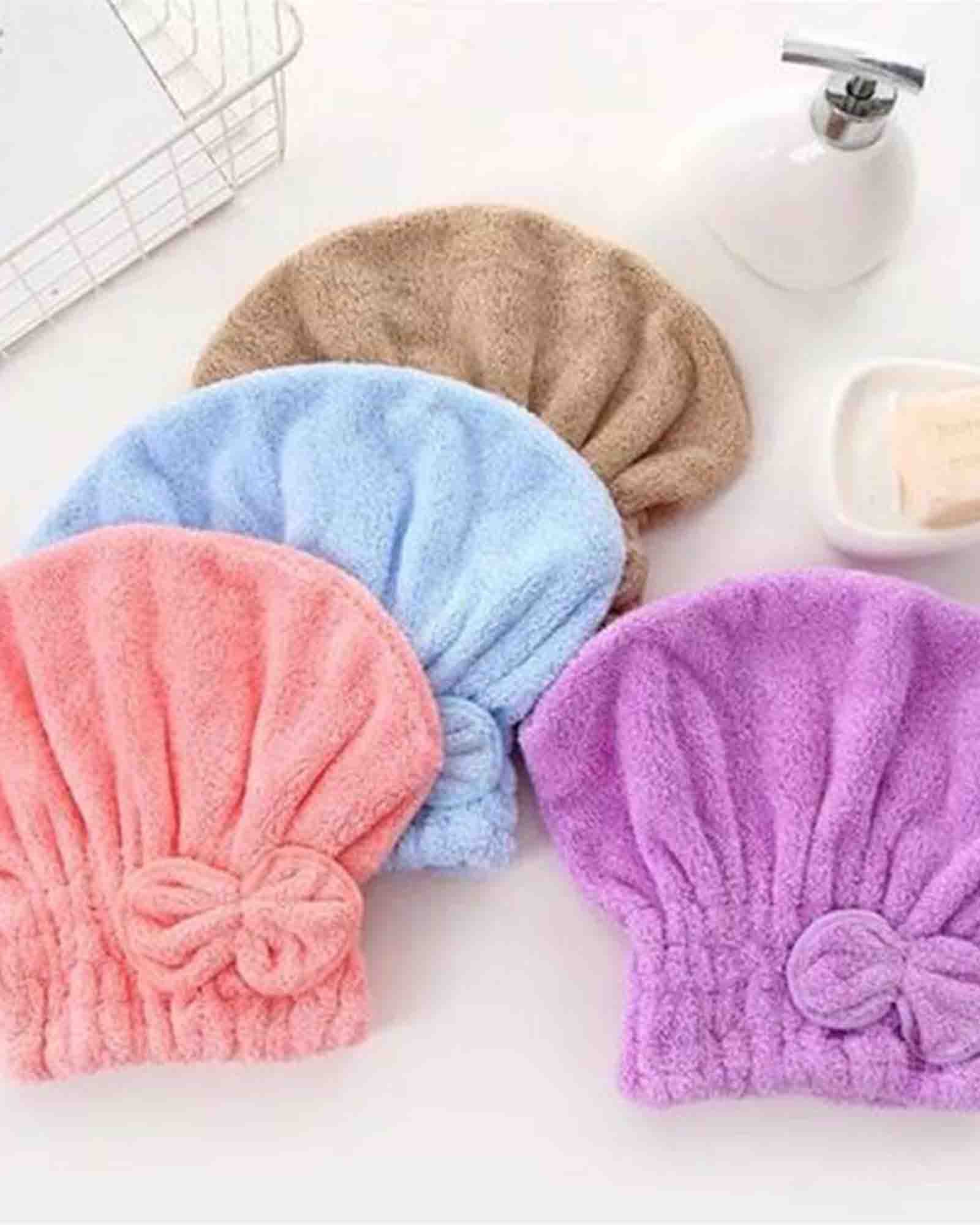 Super absorbent, 300 GSM microfibre premium hair drying towel cap stitched to enable easy wear & quiz frizz free drying of hair