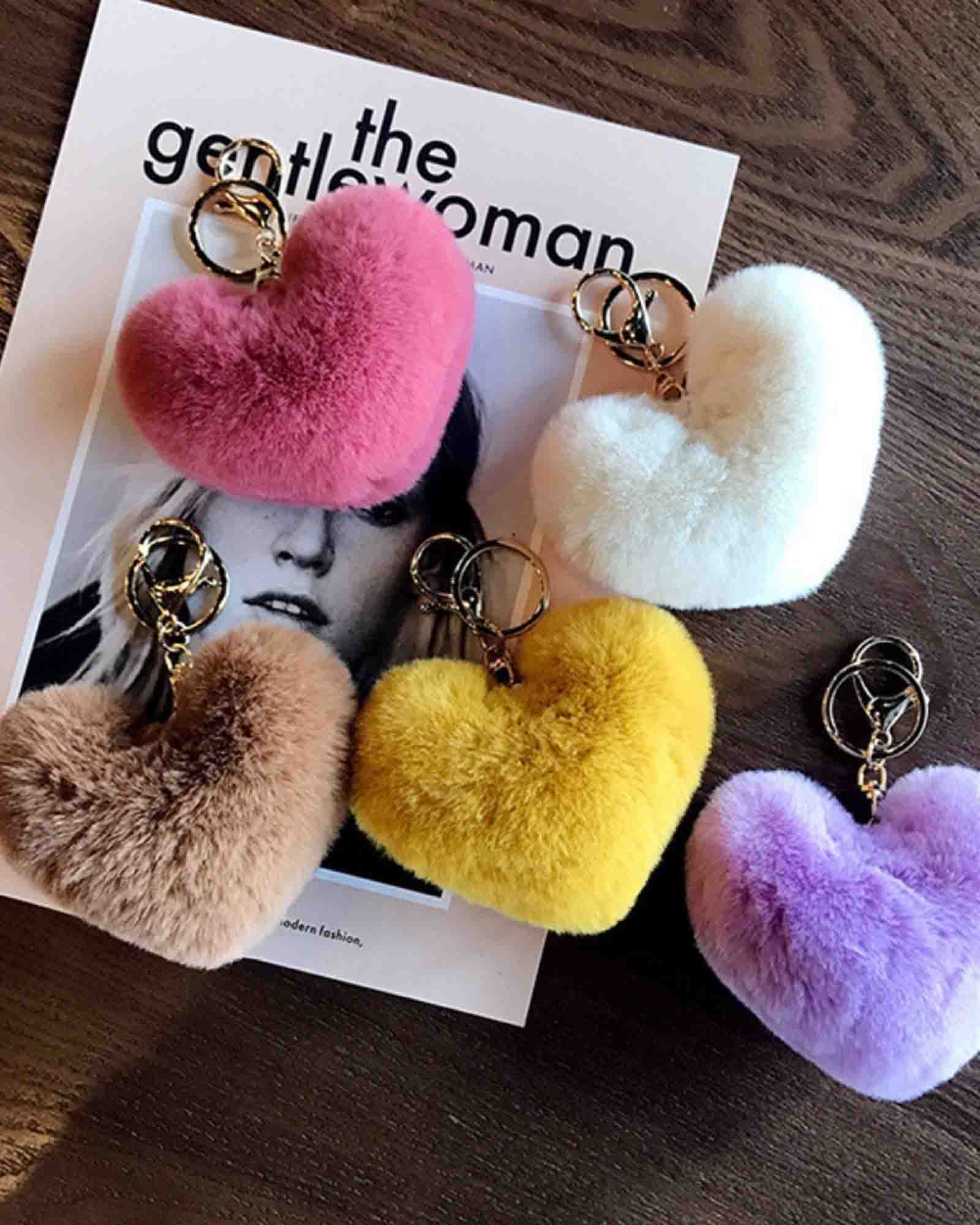 Heart Pom Pom Soft Toy Premium Keychains. Keyring Car Decoration Pendant/ Women Bag Accessories key holder/ Baby Ornaments Gift for Girls / Women (Pack Of 1) (Red colour/ Pink colour)