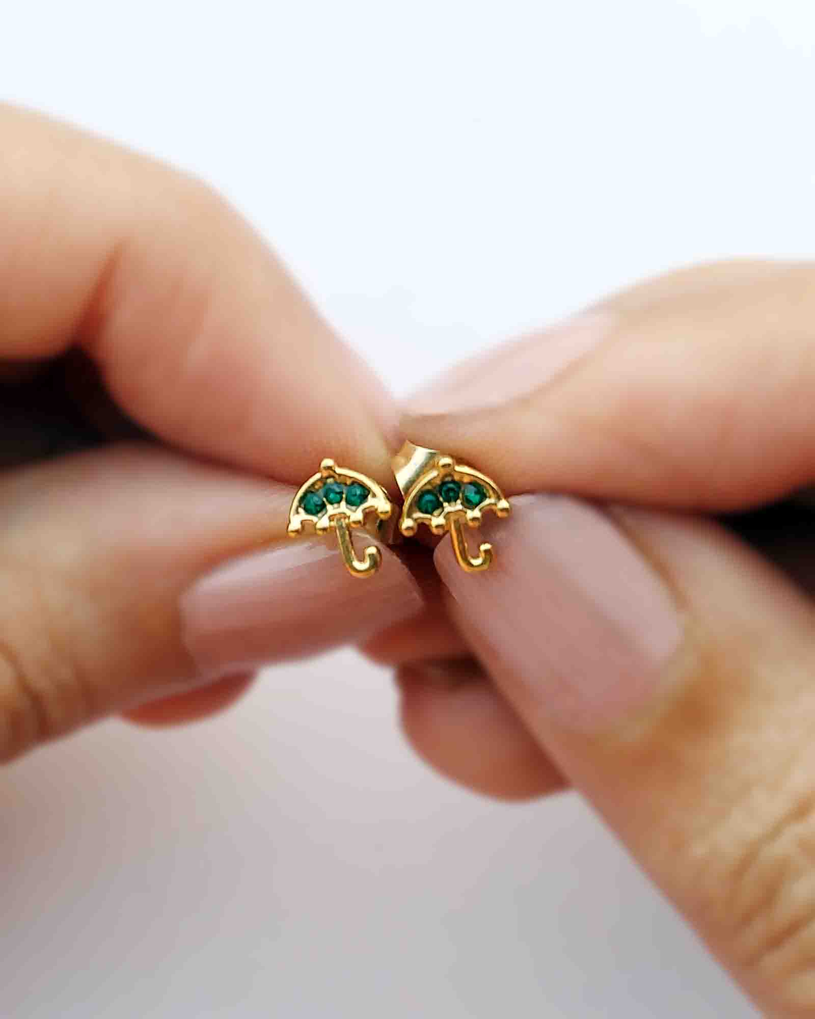 Mini green umbrellas 18k gold plated waterproof earrings