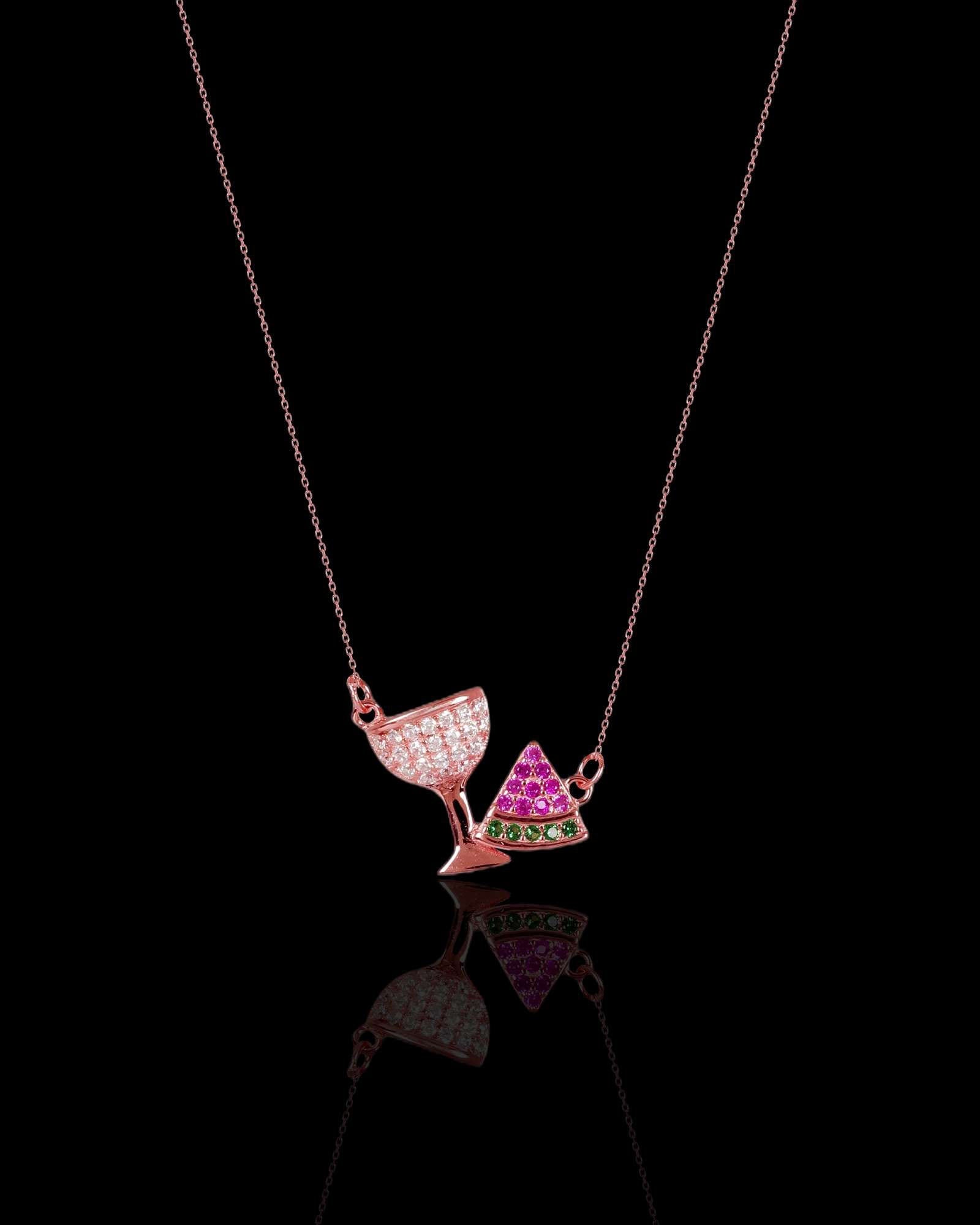 Wine Pizza rose gold 925 silver pendant with link chain