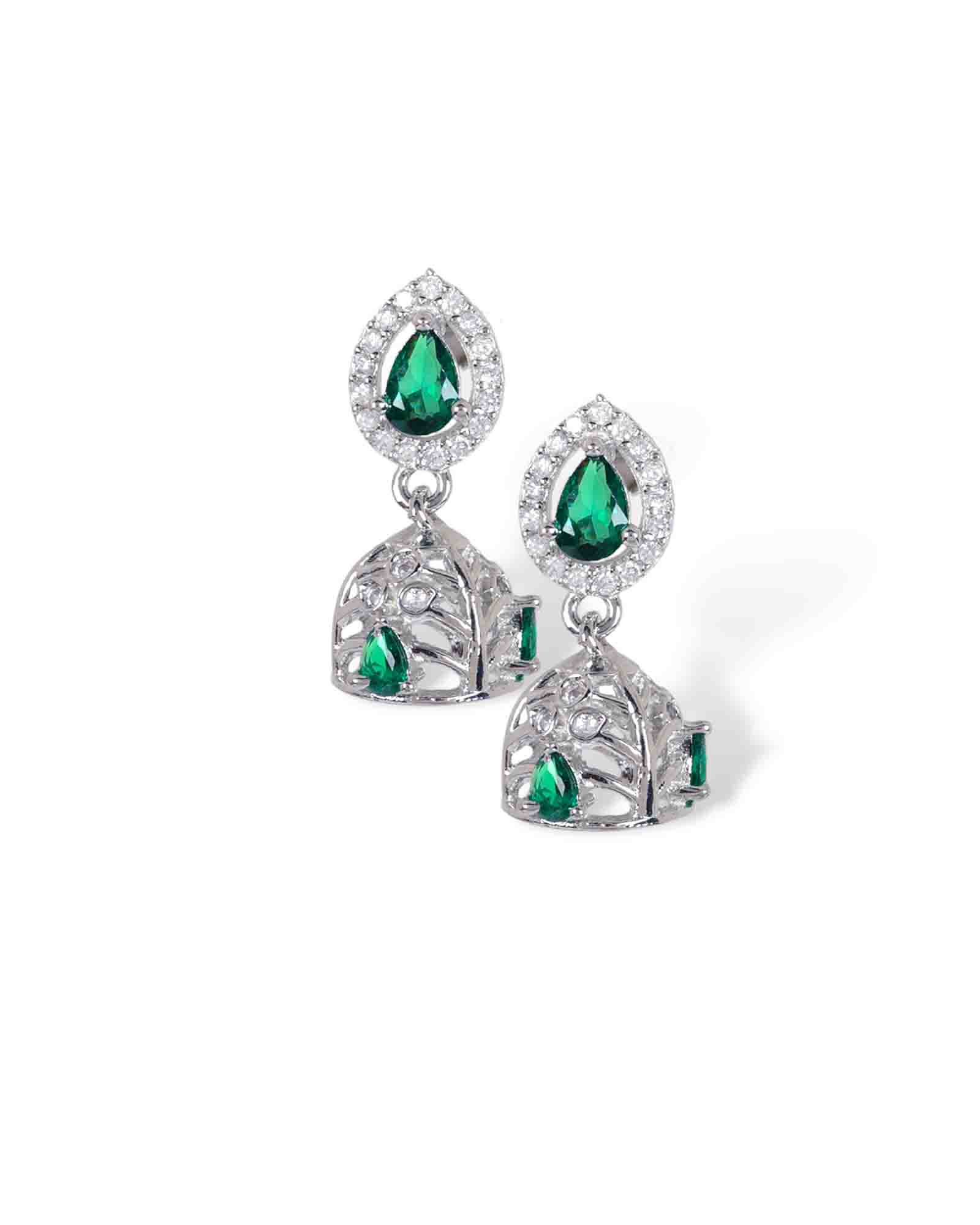 Embrald Green sterling silver jhumkas with rhodium plating