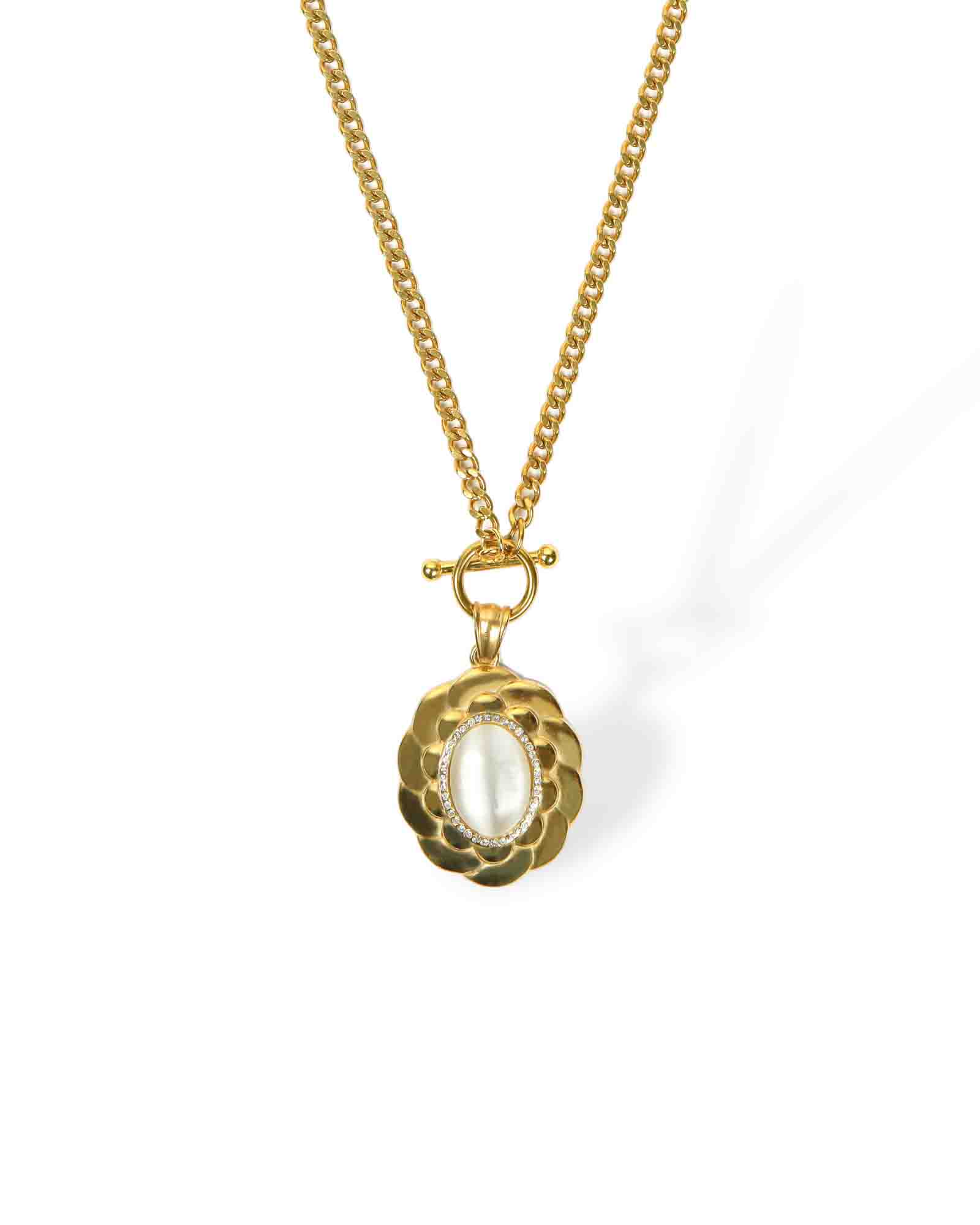 Artistic gold necklace with white onyx glass stone