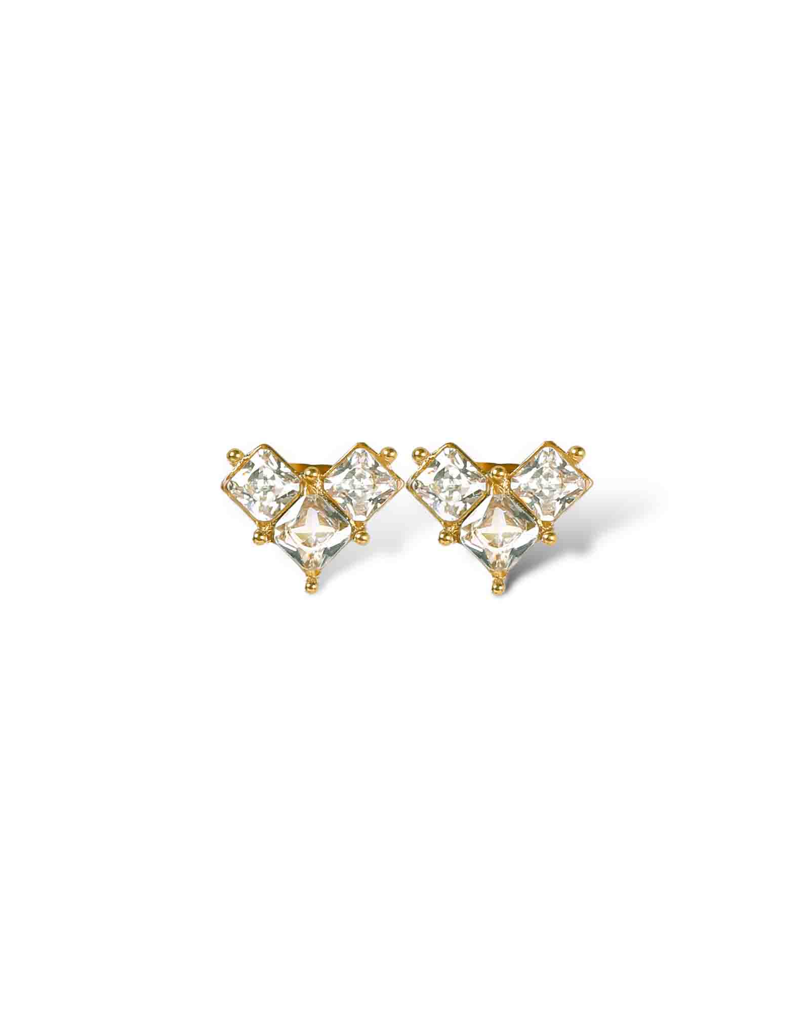 18K Gold plated V shape 3 stone zircon studs, made with waterproof stainless steel