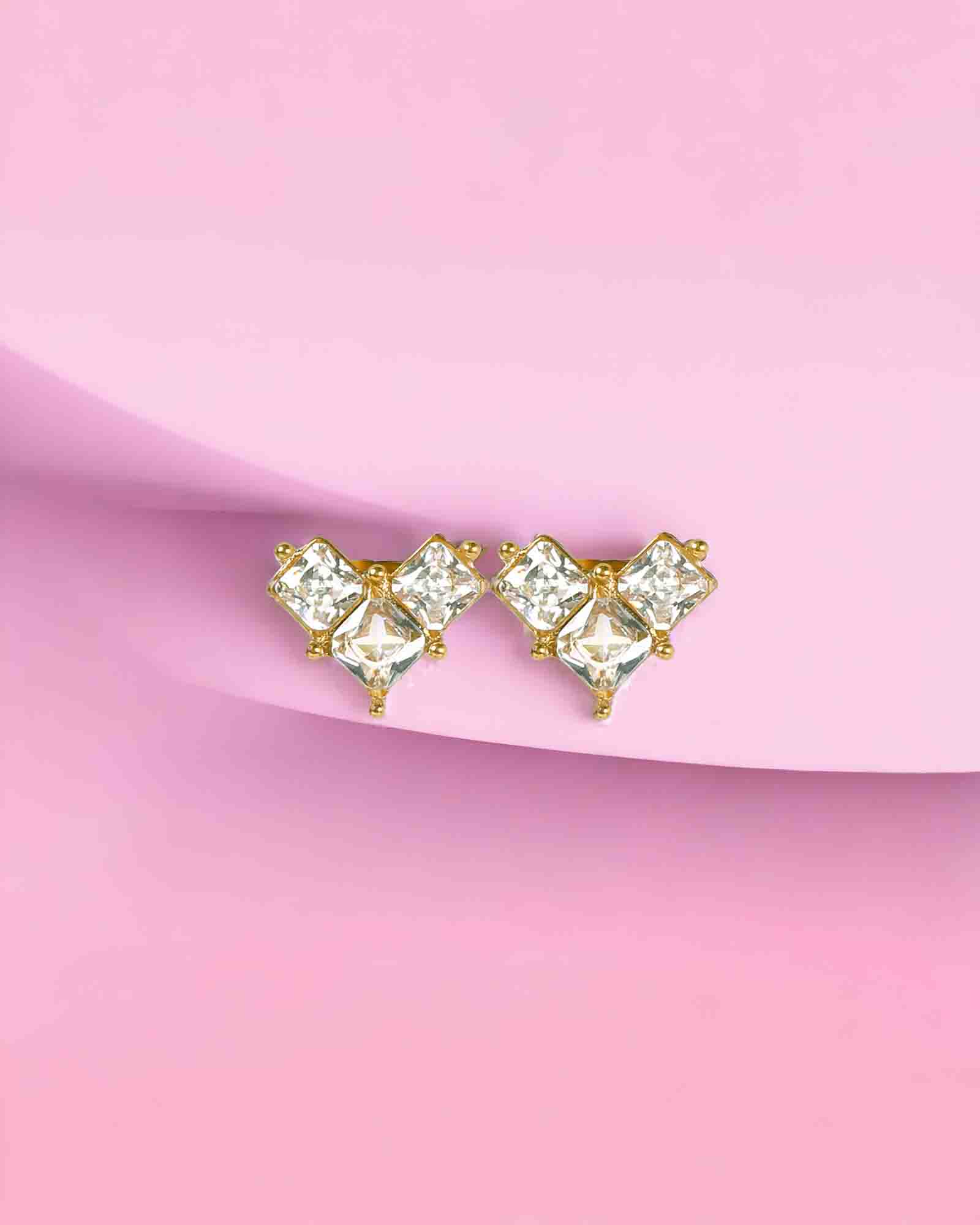 18K Gold plated V shape 3 stone zircon studs, made with waterproof stainless steel